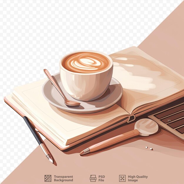 PSD transparent background with a cappuccino and notebook