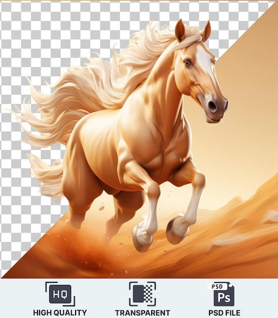 PSD transparent background with isolated 3d animated horse galloping with a horseshoe like tail