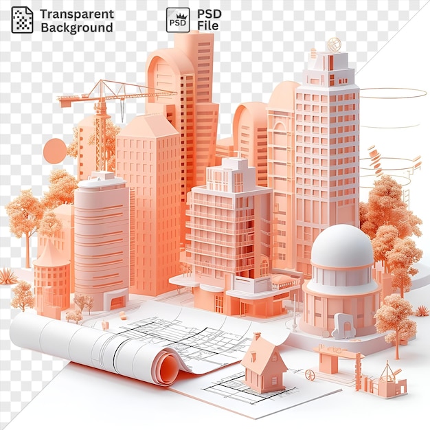 PSD 3d アーキテクト カートゥーン  白い建物小さな木高い白い建物を特徴とする建物を設計する