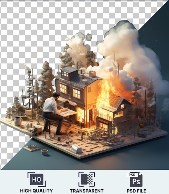 PSD 고립된 3d 화재범 만화가 불타는 집을 설정하는 투명한 배경