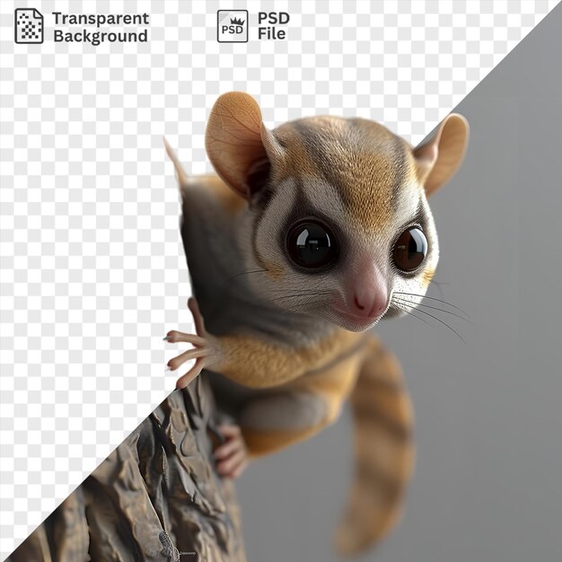 PSD transparent background with isolated 3d cartoon sugar glider gliding from tree to tree featuring brown ears black eyes pink nose and long white whiskers