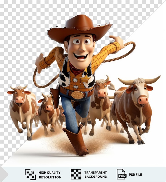 Transparent background with isolated 3d cowboy cartoon herding cattle across the plains png