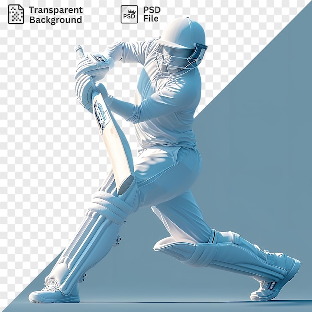 Transparent background with isolated 3d cricketer hitting a six featuring a blue and white leg and a white and blue leg