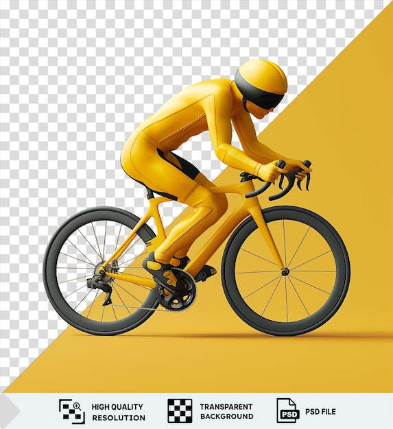 Transparent background with isolated 3d cyclist in a race suit featuring black wheels a yellow helmet and a black and yellow leg