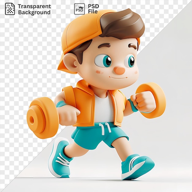 PSD transparent background with isolated 3d fitness trainer cartoon demonstrating an exercise