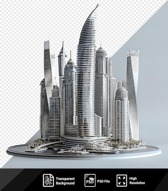 Transparent background with isolated 3d model of the dubai marina featuring a gray and white sky and a tall building