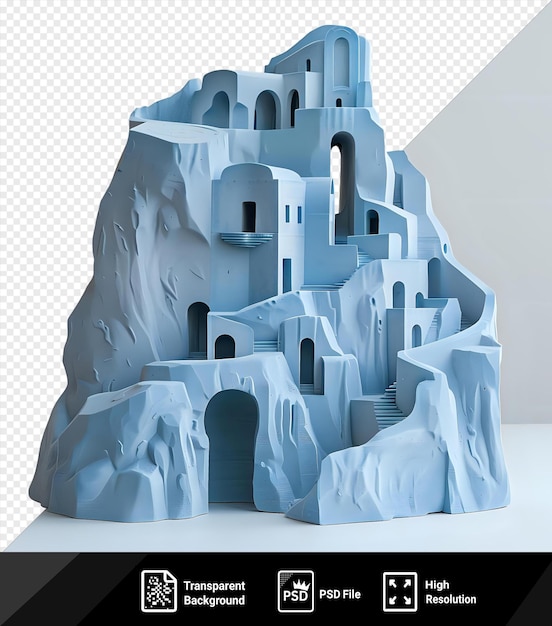 PSD transparent background with isolated 3d model of the santorini caldera featuring a small window and a blue building