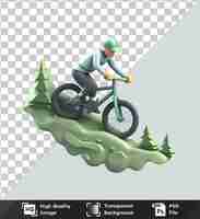 PSD transparent background with isolated 3d mountain biker cartoon conquering challenging downhill trails