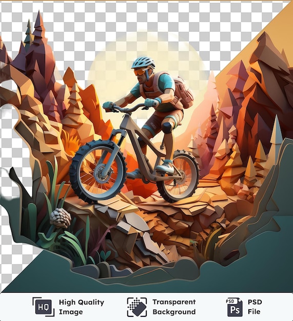 Transparent background with isolated 3d mountain biker cartoon conquering challenging downhill trails