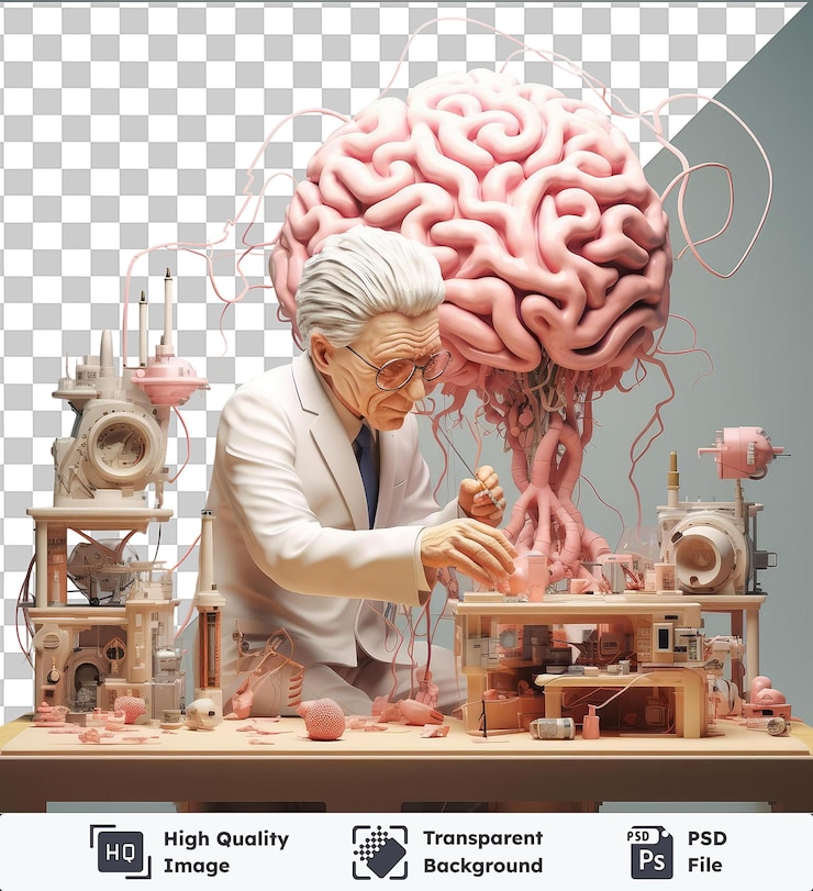 PSD transparent background with isolated 3d neuroscientist researching the brain