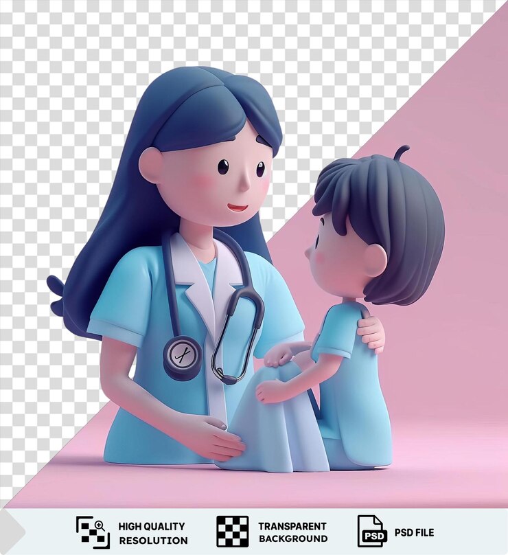 PSD transparent background with isolated 3d nurse caring for a patient featuring a doll with black hair and a black eye and a blue arm in the foreground png