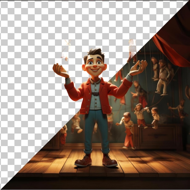 PSD transparent background with isolated 3d puppeteer cartoon performing a marionette show