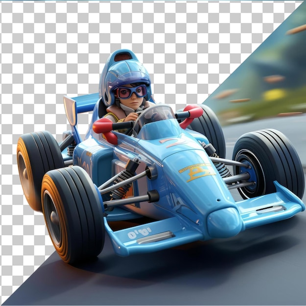 PSD transparent background with isolated 3d race car driver cartoon accelerating on a racetrack