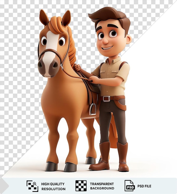 Transparent background with isolated 3d racehorse trainer cartoon grooming a prized thoroughbred horse png