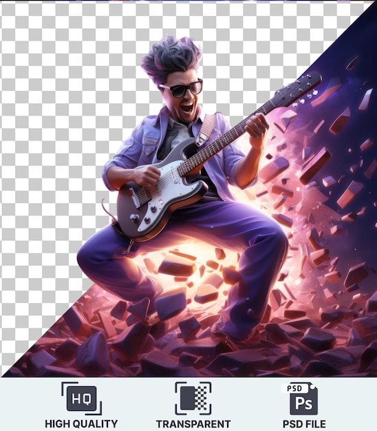 PSD transparent background with isolated 3d rock star cartoon performing an electrifying concert