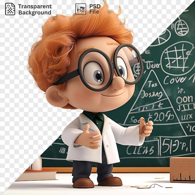 Transparent background with isolated 3d scientist cartoon analyzing intricate equations on a blackboard