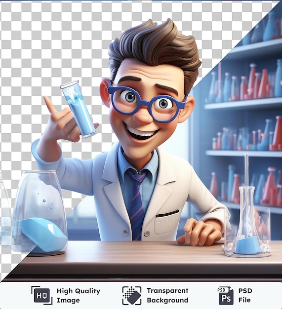 PSD transparent background with isolated 3d scientist cartoon conducting groundbreaking experiments 3d illustration