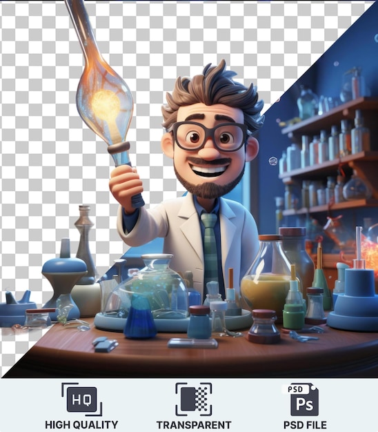 PSD transparent background with isolated 3d scientist cartoon conducting groundbreaking experiments