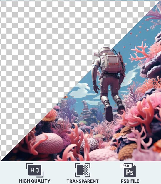 PSD transparent background with isolated 3d scuba diver cartoon exploring a colorful underwater paradise