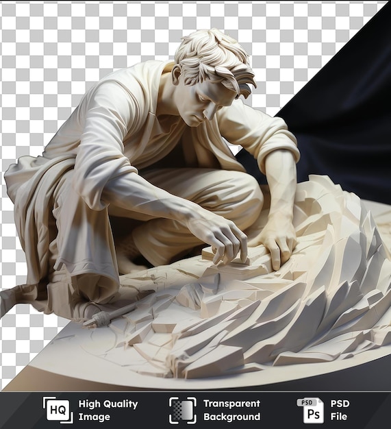 Transparent background with isolated 3d sculptor chiseling marble sculpture of a woman