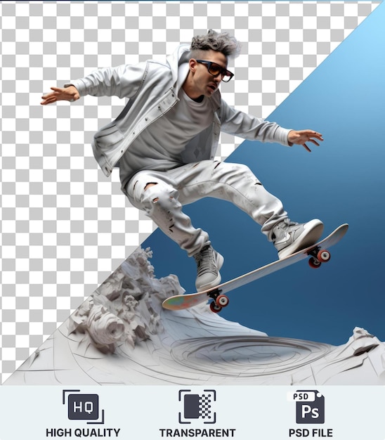 PSD transparent background with isolated 3d skateboarder cartoon executing gravitydefying tricks