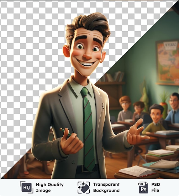 Transparent background with isolated 3d teacher cartoon educating young minds in a classroom
