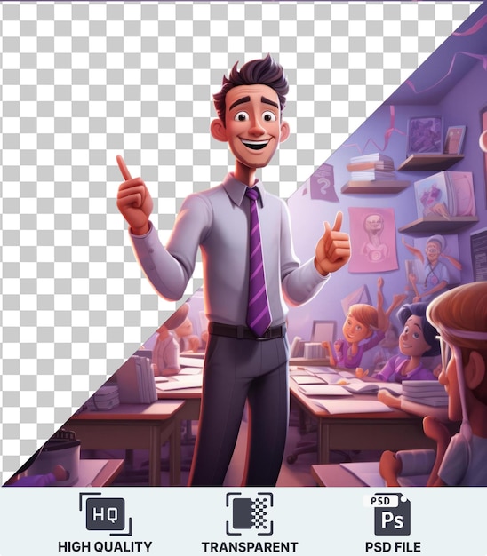 PSD transparent background with isolated 3d teacher cartoon inspiring young minds in a classroom