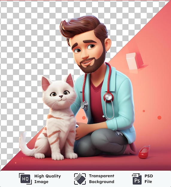 PSD transparent background with isolated 3d vet cartoon treating an animal