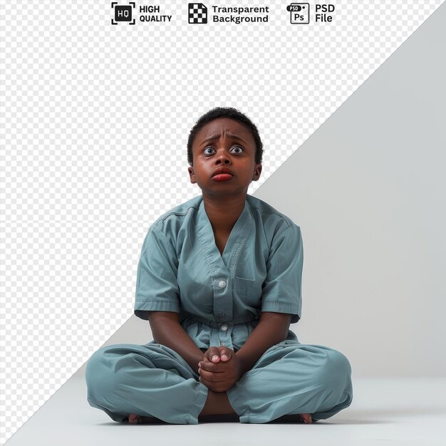 PSD transparent background with isolated a depressed toddler woman with short hair from the african ethnicity dressed in physical therapist attire poses in a close up of lips style png psd