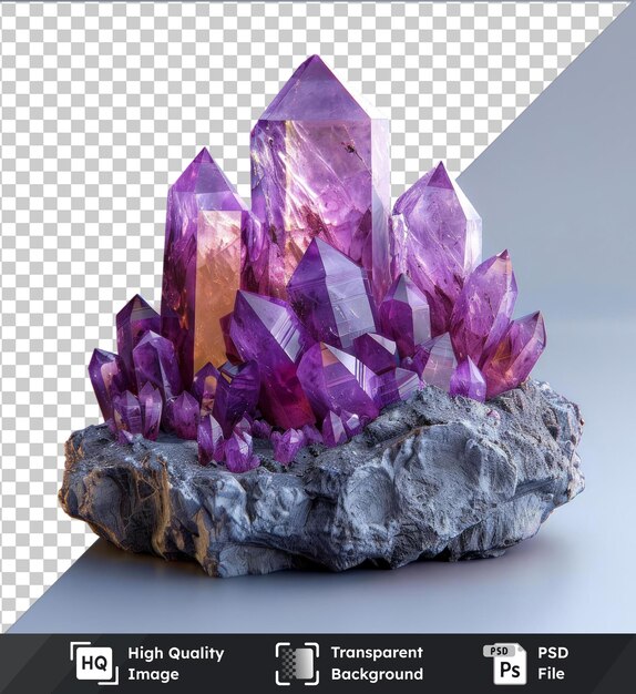 PSD transparent background with isolated amethyst crystals contras on a rock