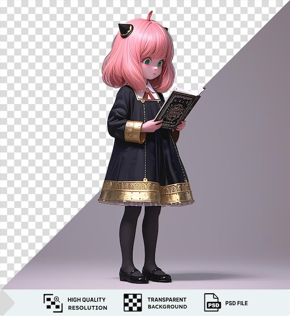 Transparent background with isolated anya forger from spy x family featuring a doll with pink hair and black shoes and a hand in the foreground png