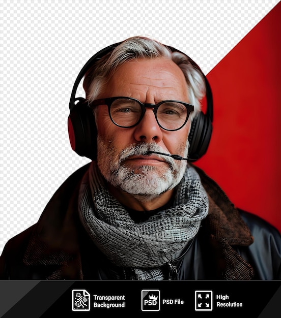 PSD transparent background with isolated audio message featuring a man with short gray hair black glasses and a gray beard wearing black headphones and a gray scarf standing in front of a red wall png