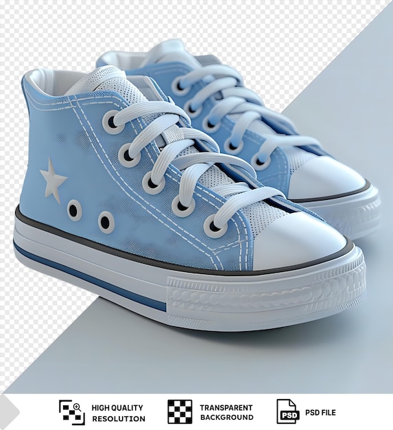 PSD transparent background with isolated baby shoes featuring a white star and blue and white shoelaces png