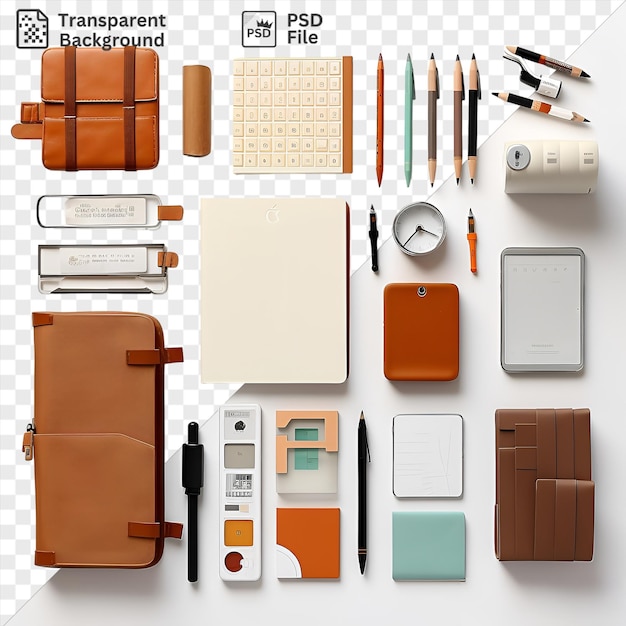 PSD transparent background with isolated back to school supplies set on a transparent background featuring a black pen white keyboard and orange pen