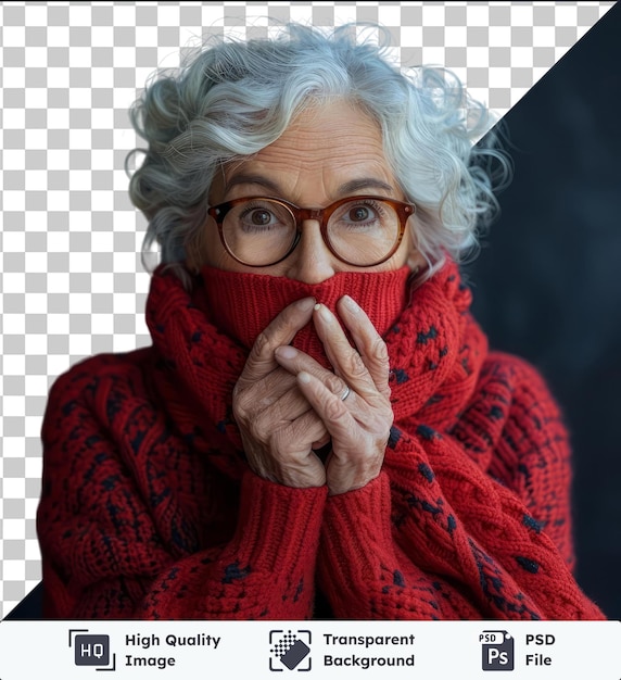 PSD transparent background with isolated beautiful middle ager senior woman red winter sweater over isolated mouth and lips shut as zip with fingers secret and silent taboo talking to the camera