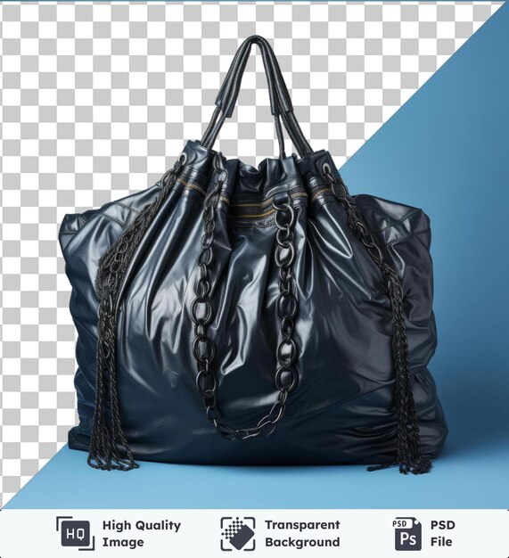 PSD transparent background with isolated black leather handbag on a blue background