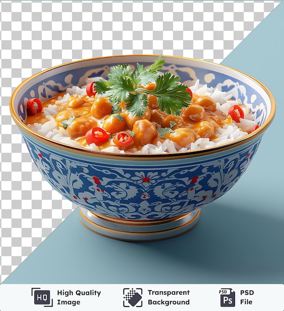 Transparent background with isolated bowl of curry and rice on a blue table accompanied by a red tomato and green leaf with a blue shadow in the foreground