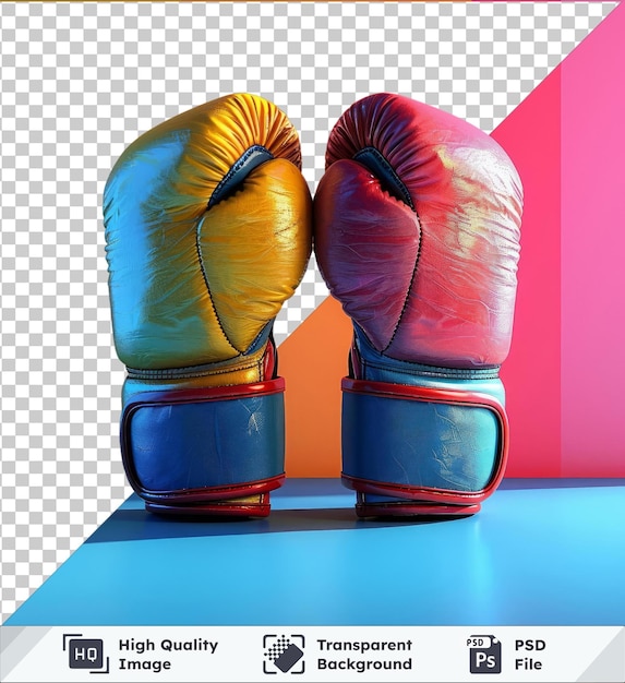 PSD transparent background with isolated boxing gloves on a blue table against an orange and pink wall