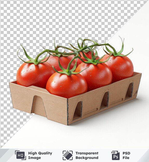 PSD Прозрачный фон с изолированными ветвями помидоров в модели перерабатываемой коробки