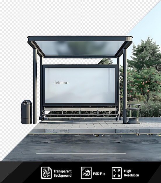 PSD 고립된 버스 정류장과 함께 투명한 배경, 초록색 나무와 푸른 하늘에 둘러싸인 콘크리트 보행길에 있는 야외 광고 모형, 전면에 금속 벤치와 색 선이 있습니다.