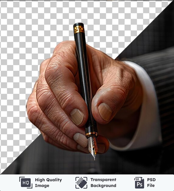 Transparent background with isolated business man writing with marker accompanied by a black pen and a white button with a brown hand visible in the foreground