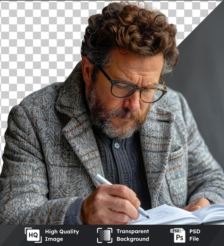 PSD transparent background with isolated business man writing with marker on paper wearing black