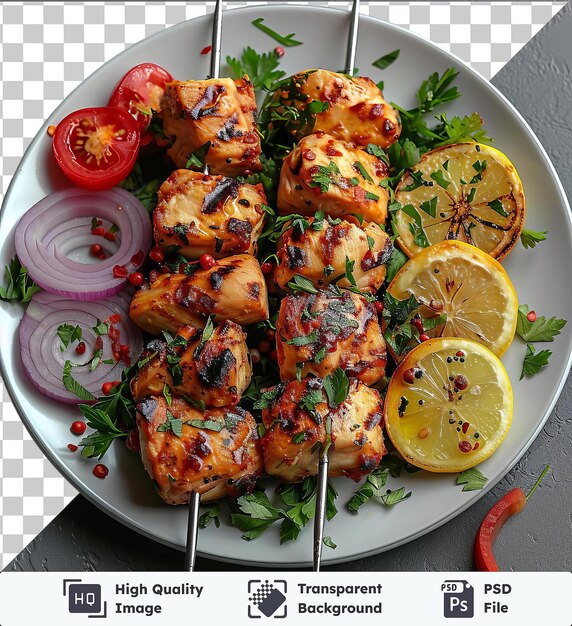 PSD transparent background with isolated chicken souvlaki on a plate