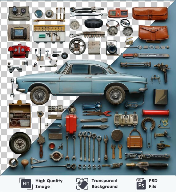 PSD transparent background with isolated classic car restoration tools set on a blue background