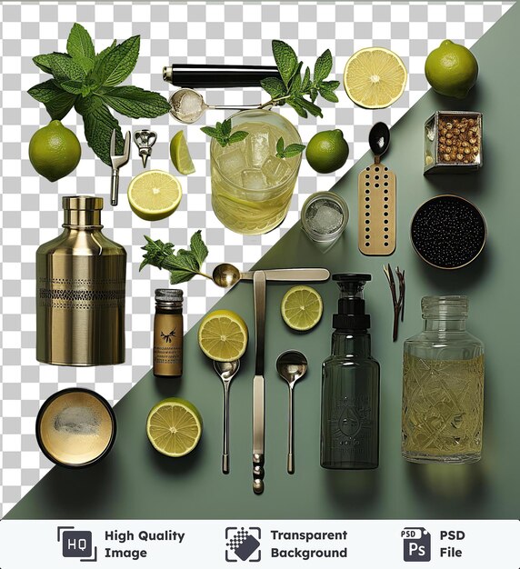 PSD transparent background with isolated cocktail mixing set lemons limes spices and other ingredients