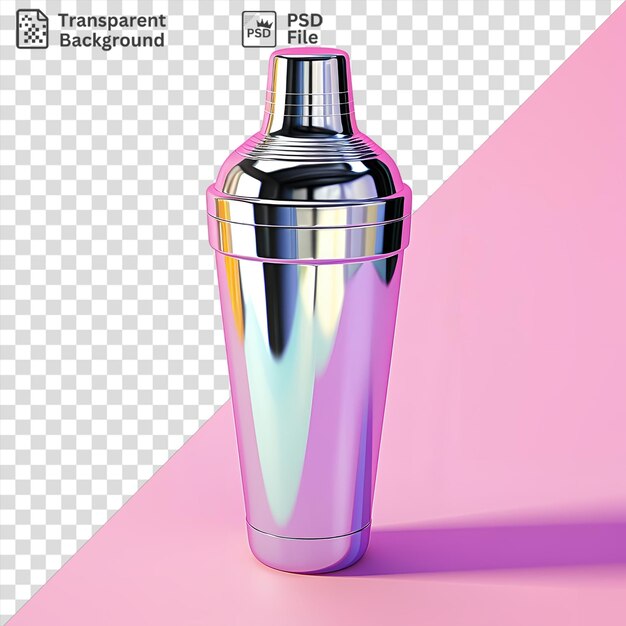 PSD transparent background with isolated cocktail shaker and bottle on pink background accompanied by a purple and pink cup and a dark shadow