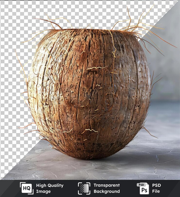 PSD transparent background with isolated coconut on a gray table accompanied by a dark shadow
