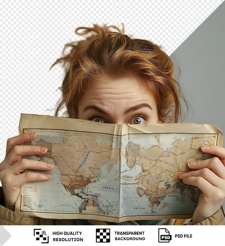 PSD transparent background with isolated confused tourist who looks at a map upside down png