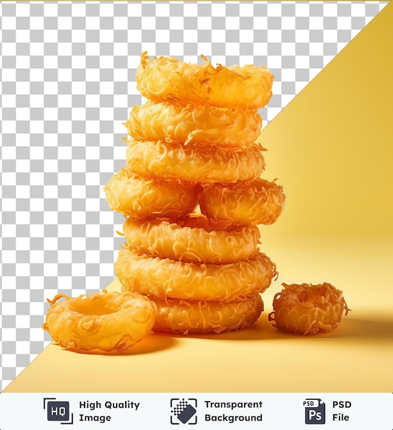 PSD transparent background with isolated crispy onion ring tower on yellow wall accompanied by a donut and a dark shadow