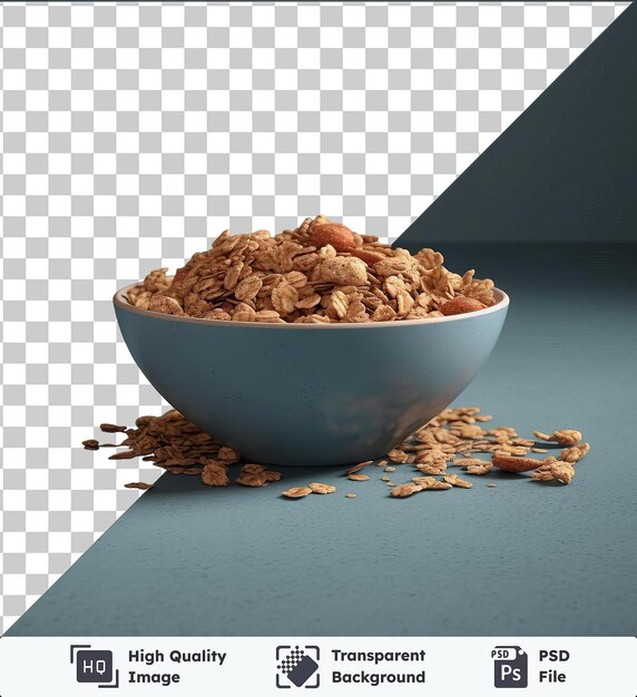 PSD transparent background with isolated crunchy nut and seed granola in a blue bowl placed on a blue table against a gray and blue wall with a dark shadow in the foreground